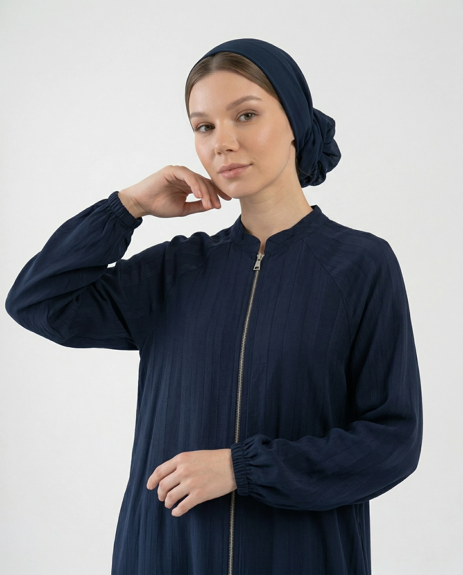 İpeker Cupro Şerit Desenli Lacivert Ferace - Görsel 5