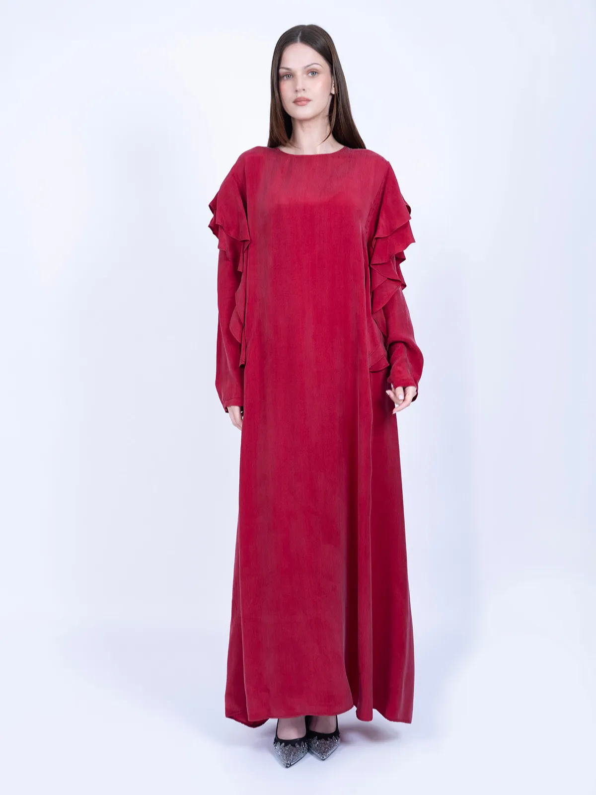 Kırmızı Volan Detaylı %100 İpek Cupro Elbise