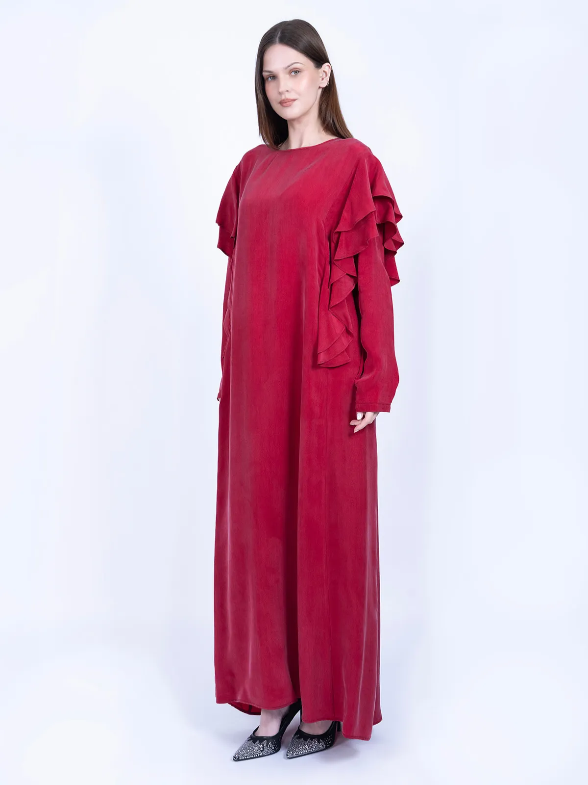 Kırmızı Volan Detaylı %100 İpek Cupro Elbise - Görsel 2