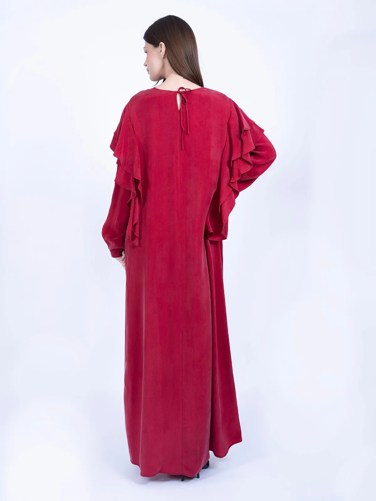 Kırmızı Volan Detaylı %100 İpek Cupro Elbise - Görsel 3