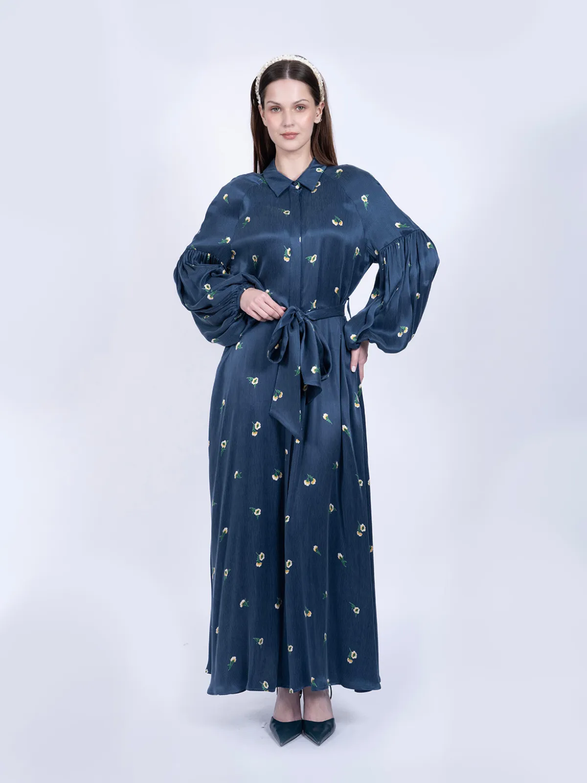 %100 İpek Cupro Çiçek Desenli Balon Kollu Elbise - Petrol Mavisi