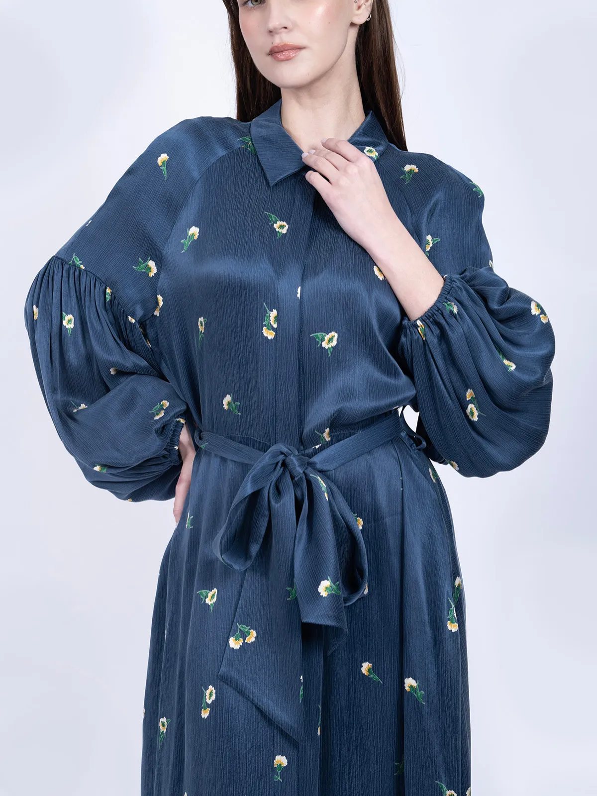 %100 İpek Cupro Çiçek Desenli Balon Kollu Elbise - Petrol Mavisi - Görsel 5