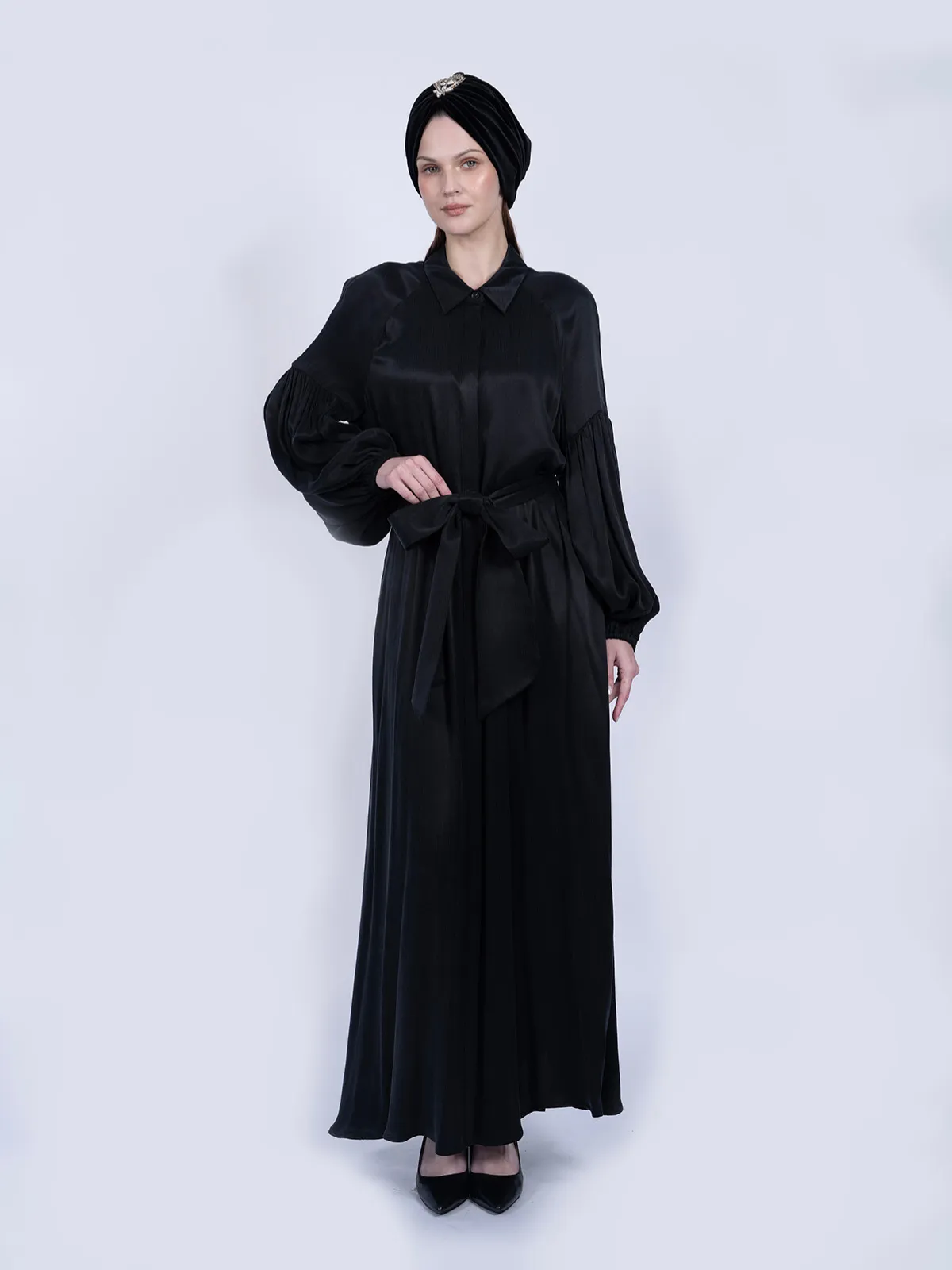 %100 İpek Cupro Siyah Balon Kollu Elbise