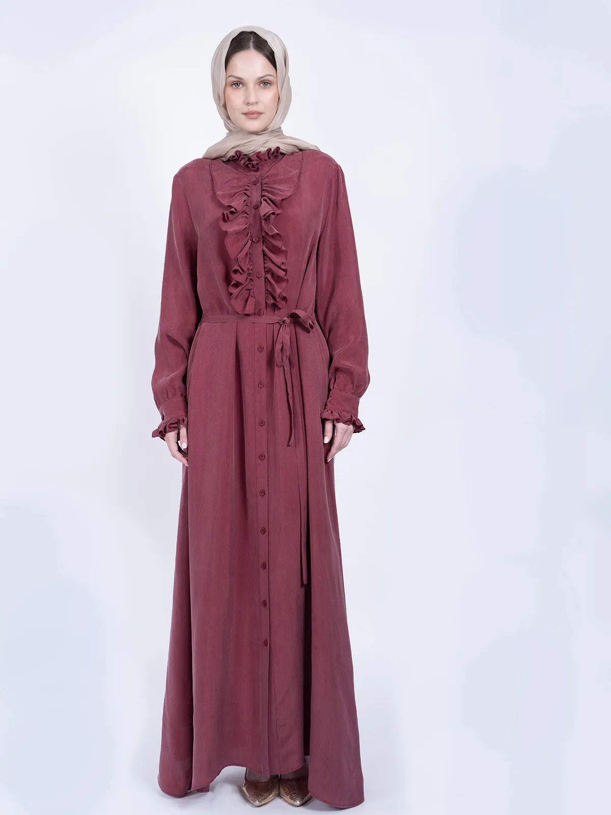 %100 İpek Cupro Gül Kurusu Önü Fırfırlı ve Kuşaklı Elbise