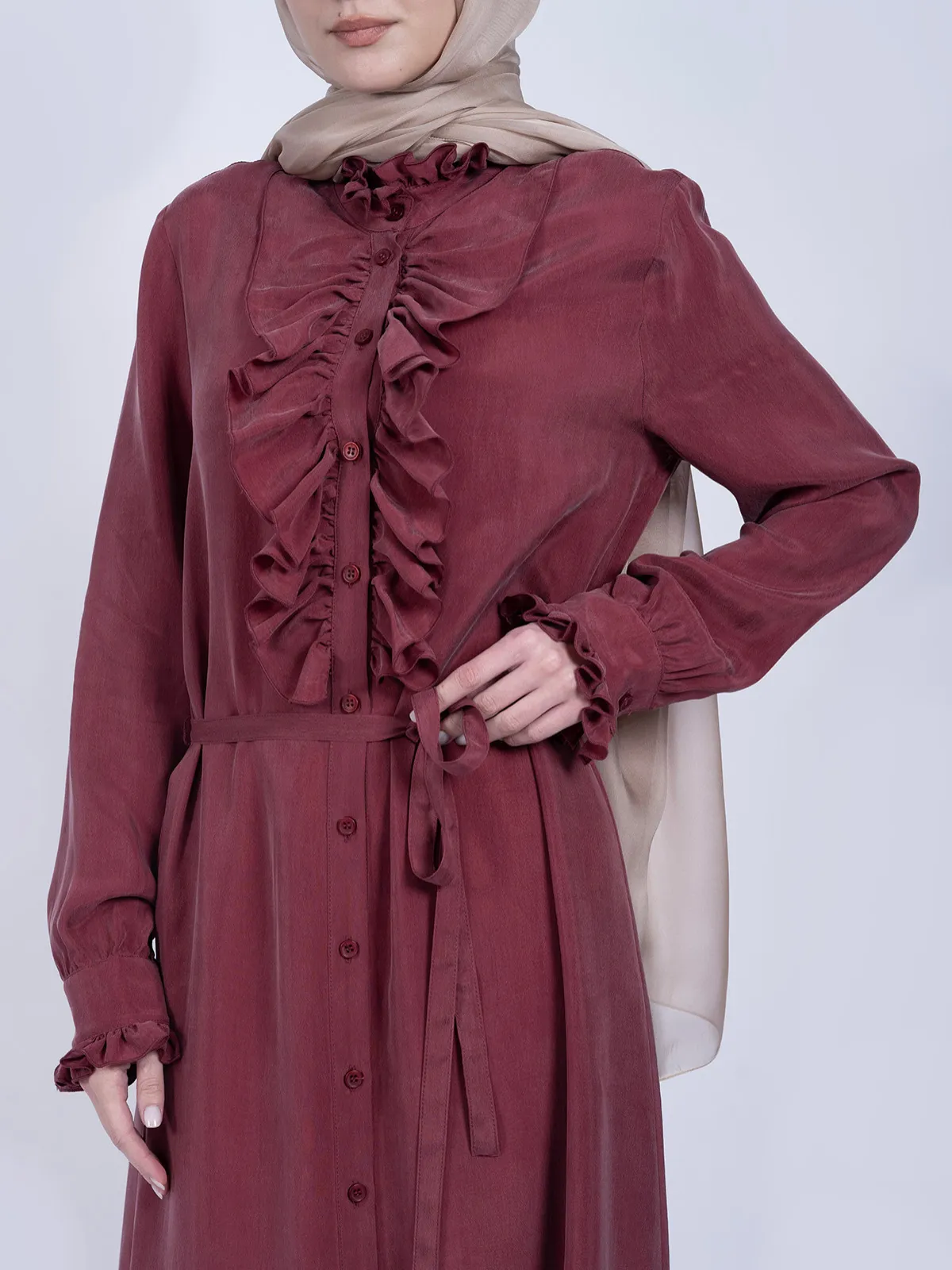 %100 İpek Cupro Gül Kurusu Önü Fırfırlı ve Kuşaklı Elbise - Görsel 4