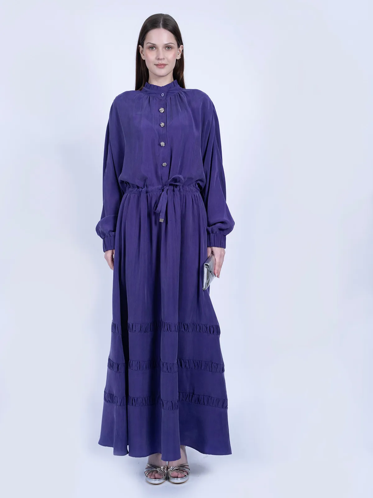 İpek Cupro Beli Bağcıklı ve Katlı Fırfır Detaylı Mor Elbise