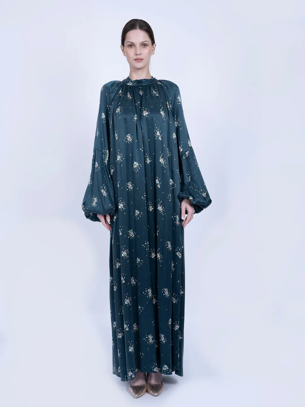 Kravat Yaka Çiçek Desenli İpek Cupro Elbise - Petrol Yeşili