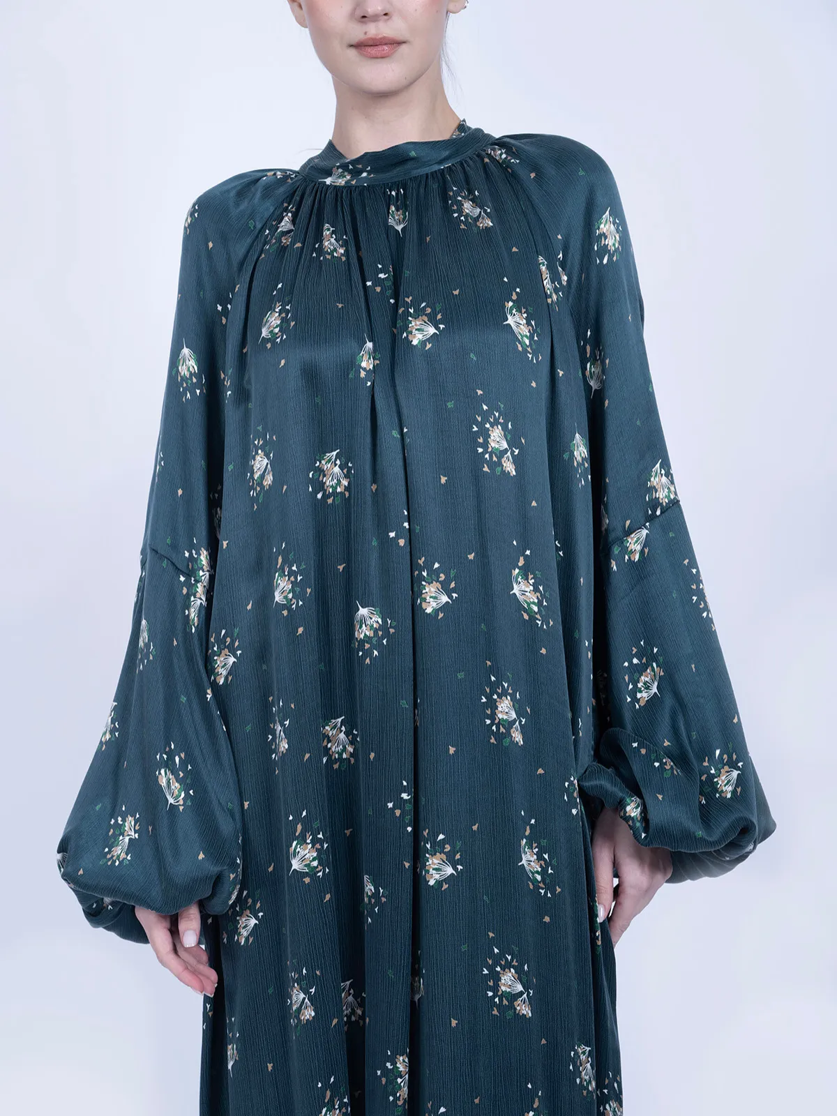 Kravat Yaka Çiçek Desenli İpek Cupro Elbise - Petrol Yeşili - Görsel 3