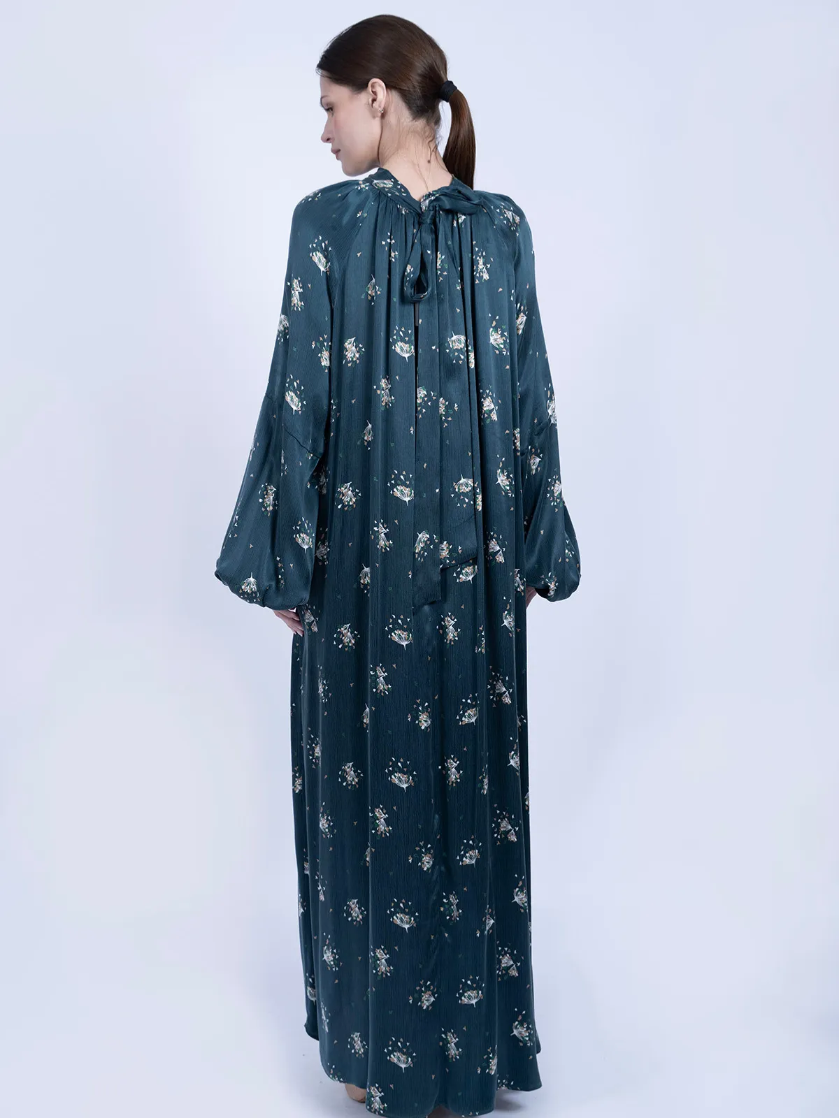 Kravat Yaka Çiçek Desenli İpek Cupro Elbise - Petrol Yeşili - Görsel 4