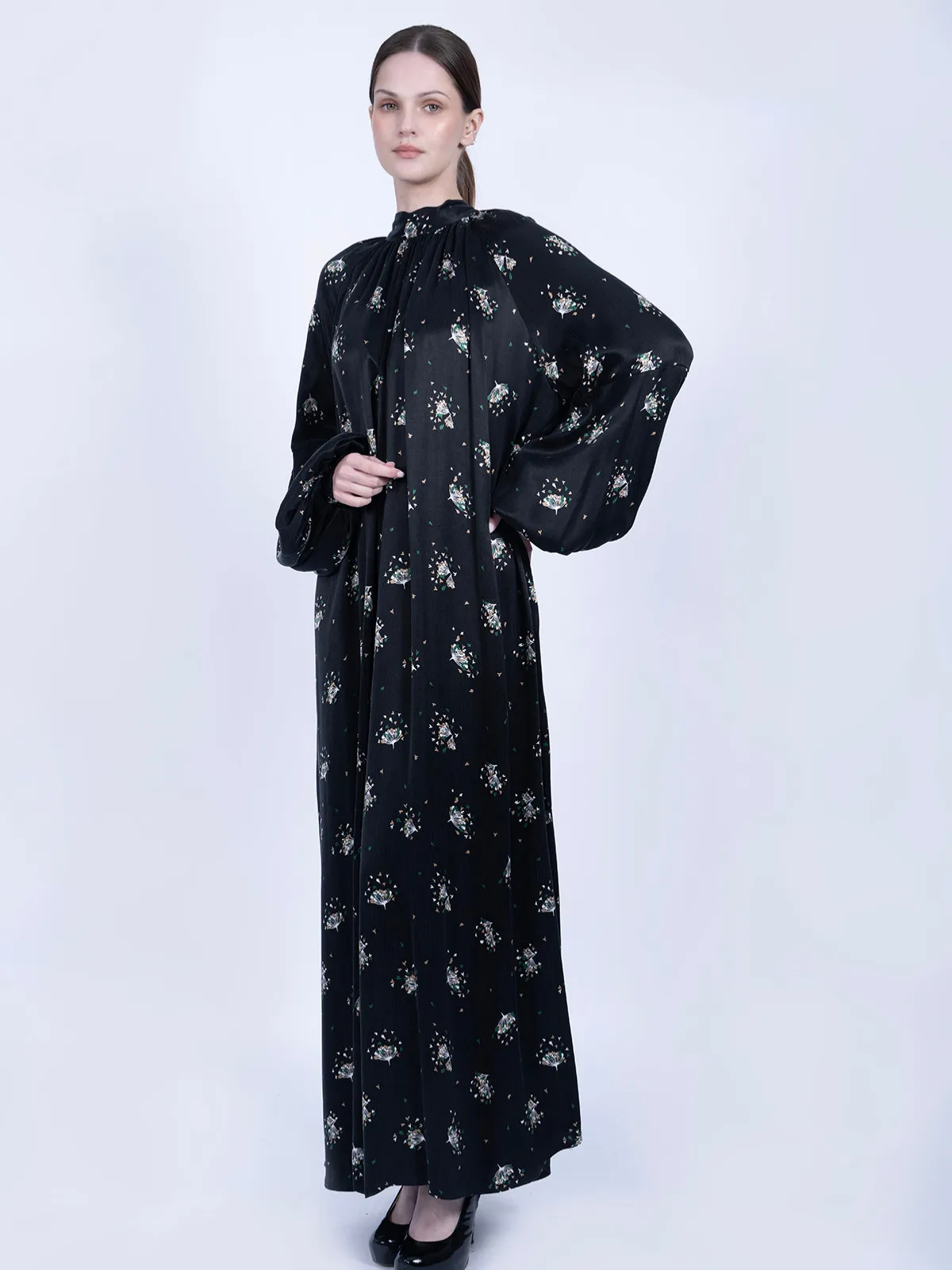 Kravat Yaka Çiçek Desenli İpek Cupro Elbise - Siyah - Görsel 2
