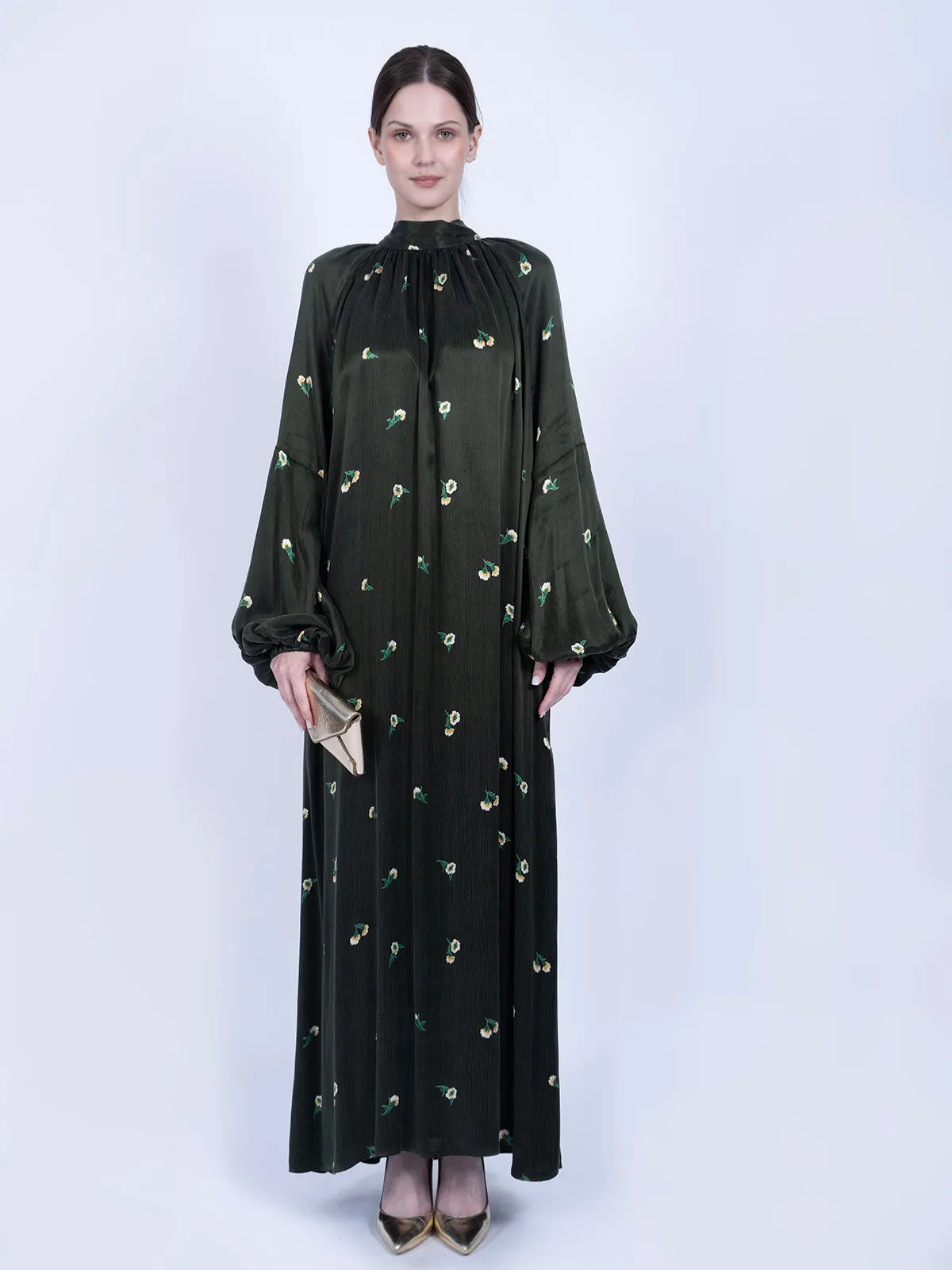 Kravat Yaka Çiçek Desenli İpek Cupro Elbise - Yeşil