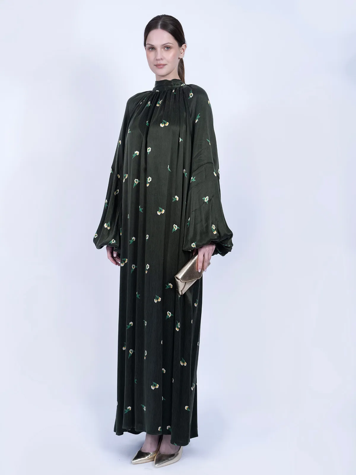 Kravat Yaka Çiçek Desenli İpek Cupro Elbise - Yeşil - Görsel 2