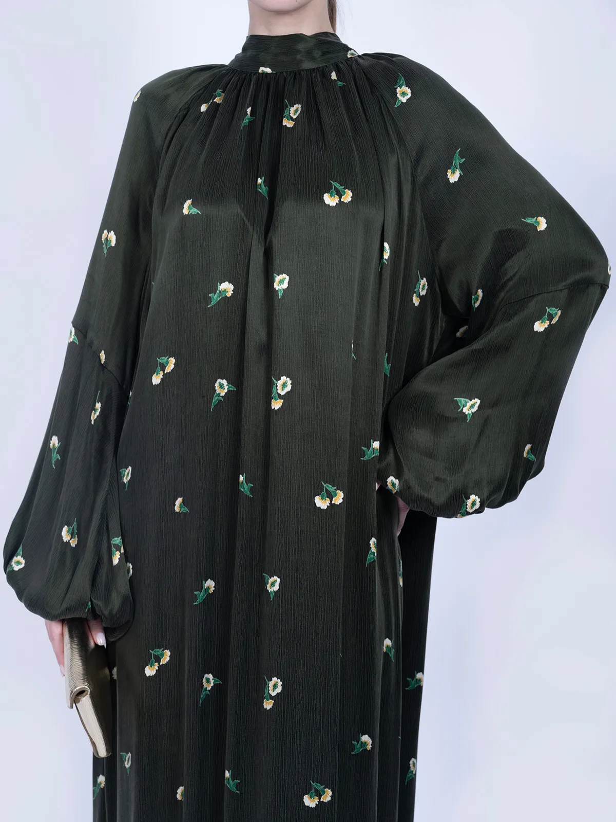 Kravat Yaka Çiçek Desenli İpek Cupro Elbise - Yeşil - Görsel 3