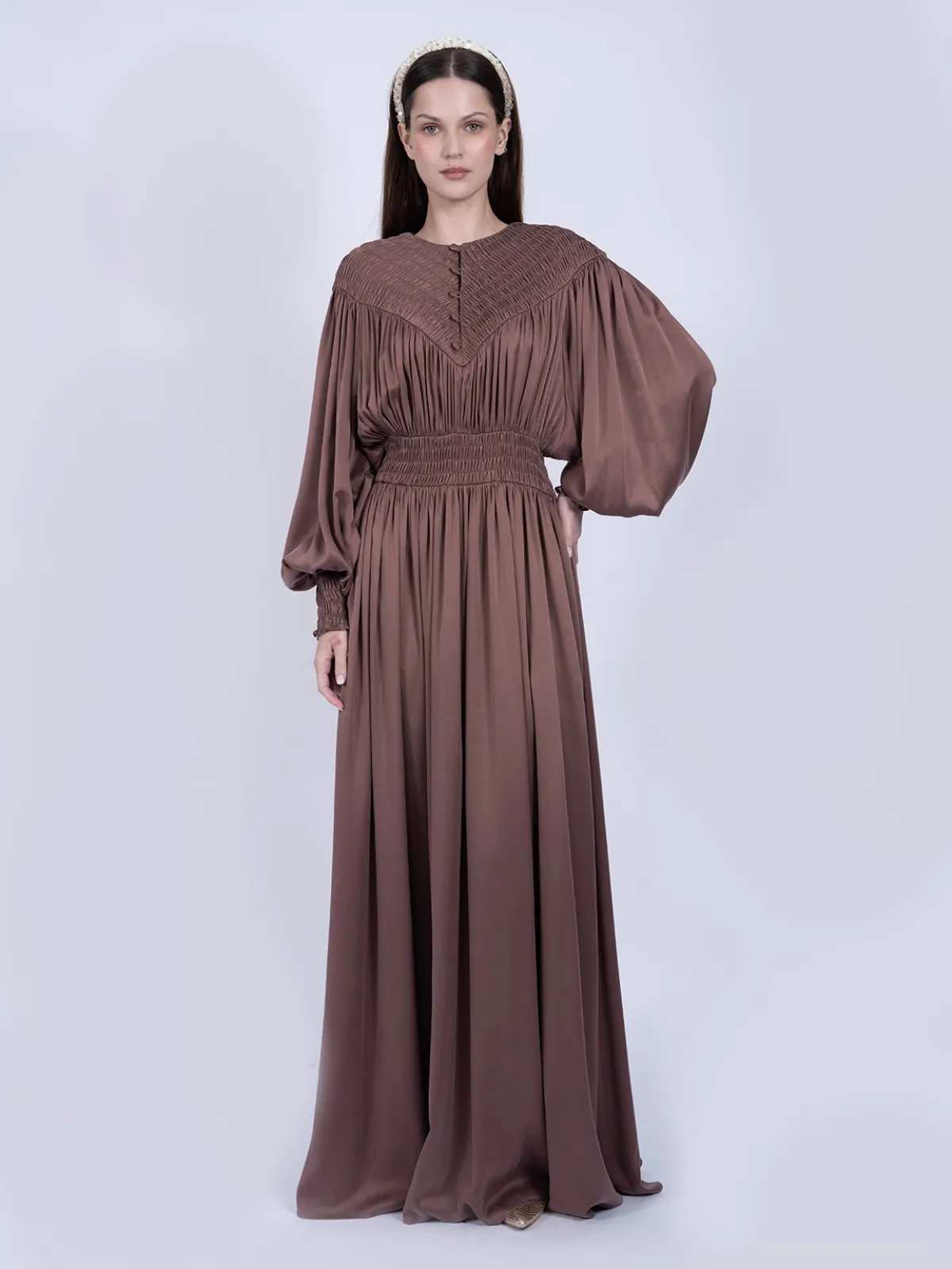 Saf Dut Ağacı İpeği Gipeli Tasarım Elbise - Gül Kurusu