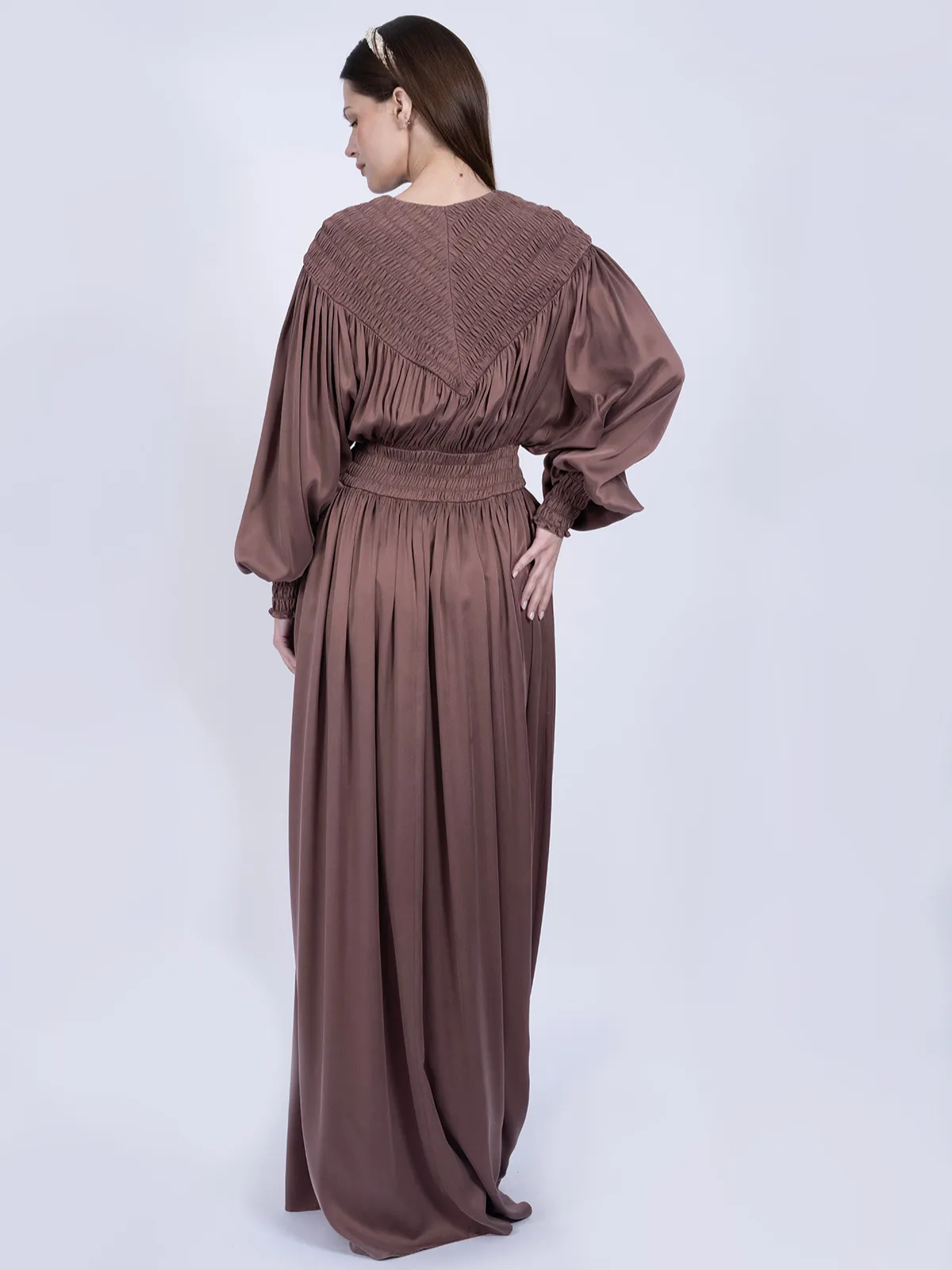 Saf Dut Ağacı İpeği Gipeli Tasarım Elbise - Gül Kurusu - Görsel 4