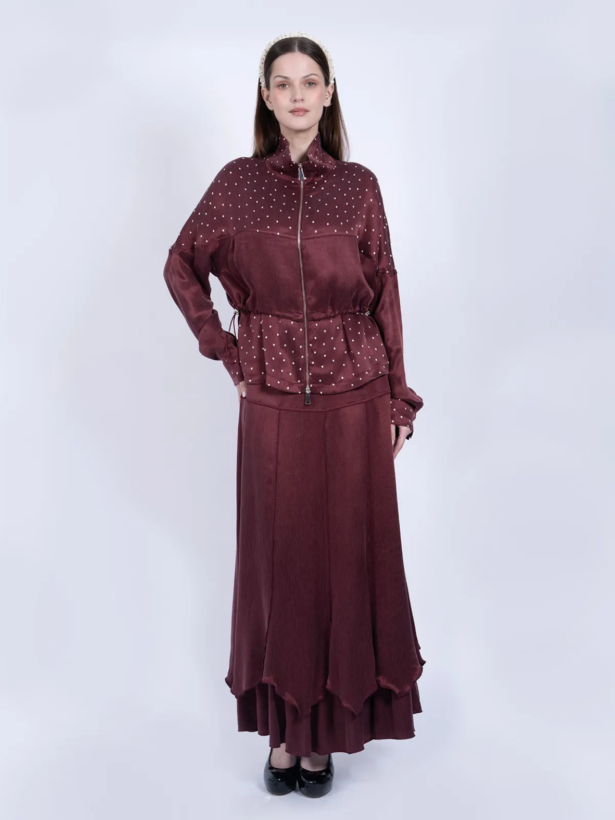 %100 İpek Cupro Puantiyeli Fermuarlı Ceket & Etek Takımı - Bordo