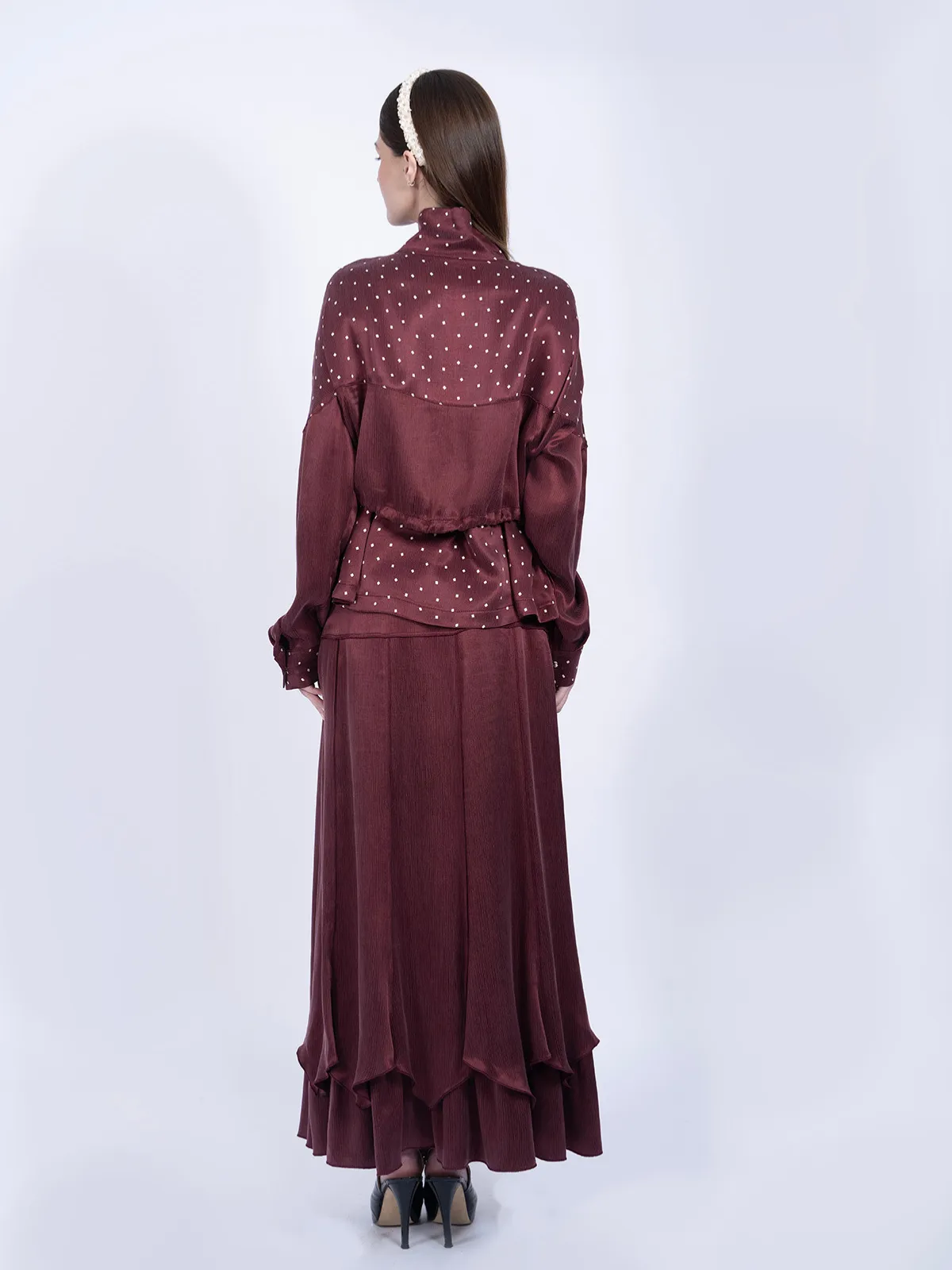 %100 İpek Cupro Puantiyeli Fermuarlı Ceket & Etek Takımı - Bordo - Görsel 5