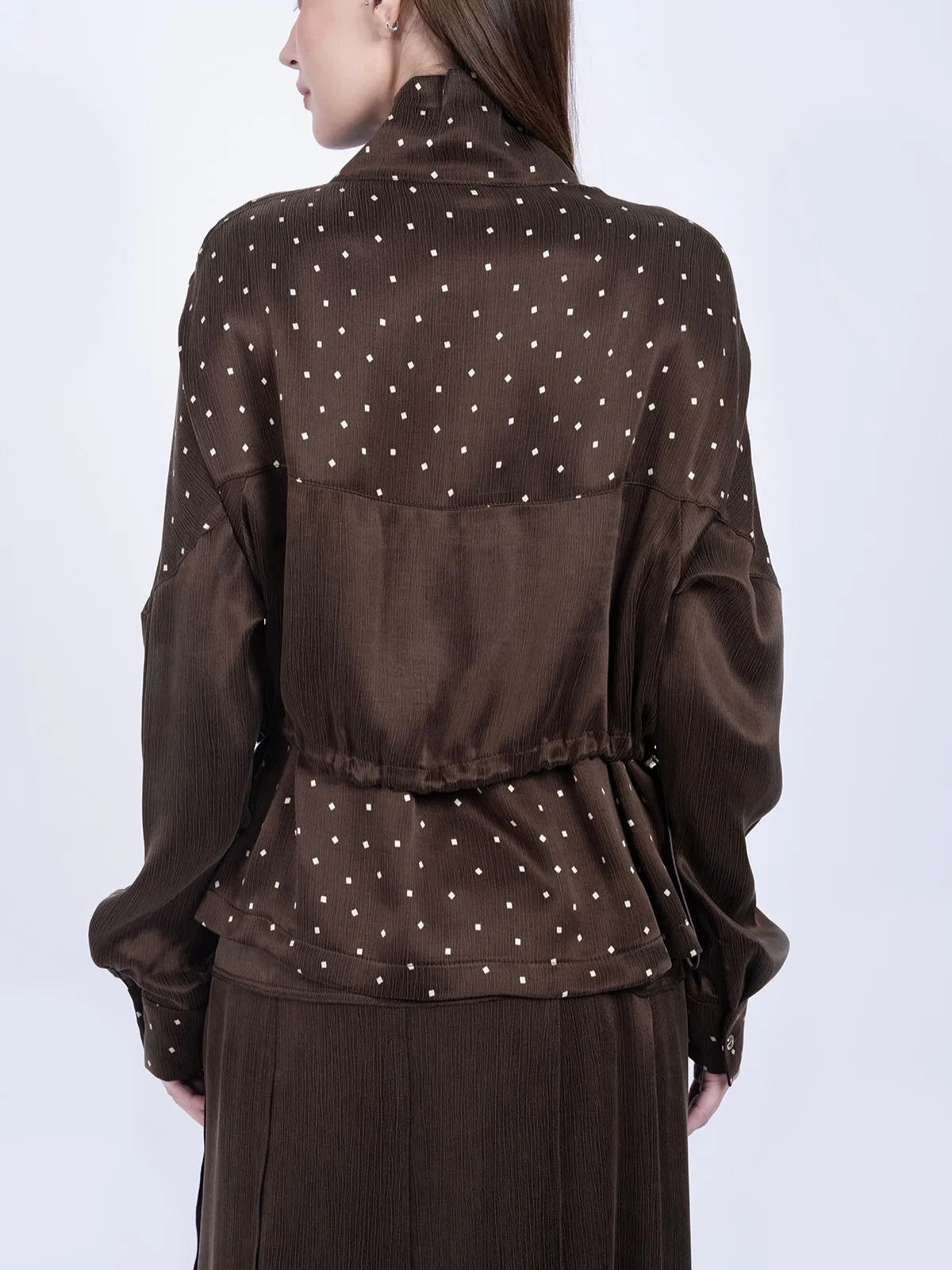 %100 İpek Cupro Puantiyeli Fermuarlı Ceket & Etek Takımı - Kahverengi - Görsel 5