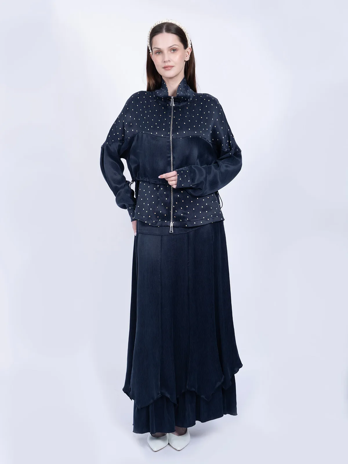%100 İpek Cupro Puantiyeli Fermuarlı Ceket & Etek Takımı - Lacivert - Görsel 2