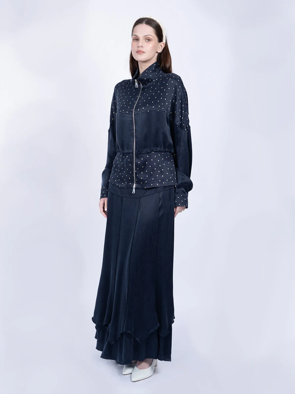 %100 İpek Cupro Puantiyeli Fermuarlı Ceket & Etek Takımı - Lacivert - Görsel 3