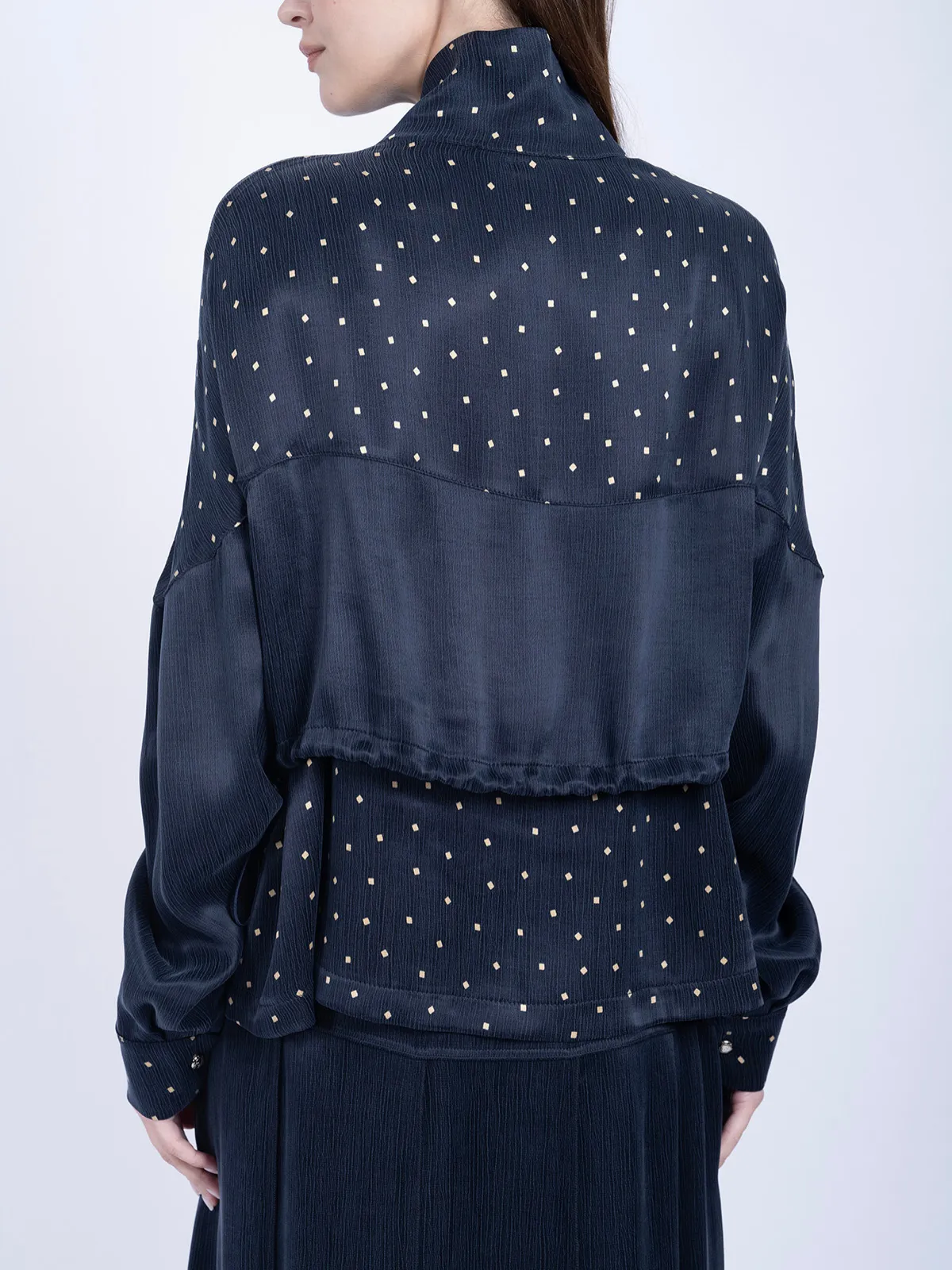 %100 İpek Cupro Puantiyeli Fermuarlı Ceket & Etek Takımı - Lacivert - Görsel 6