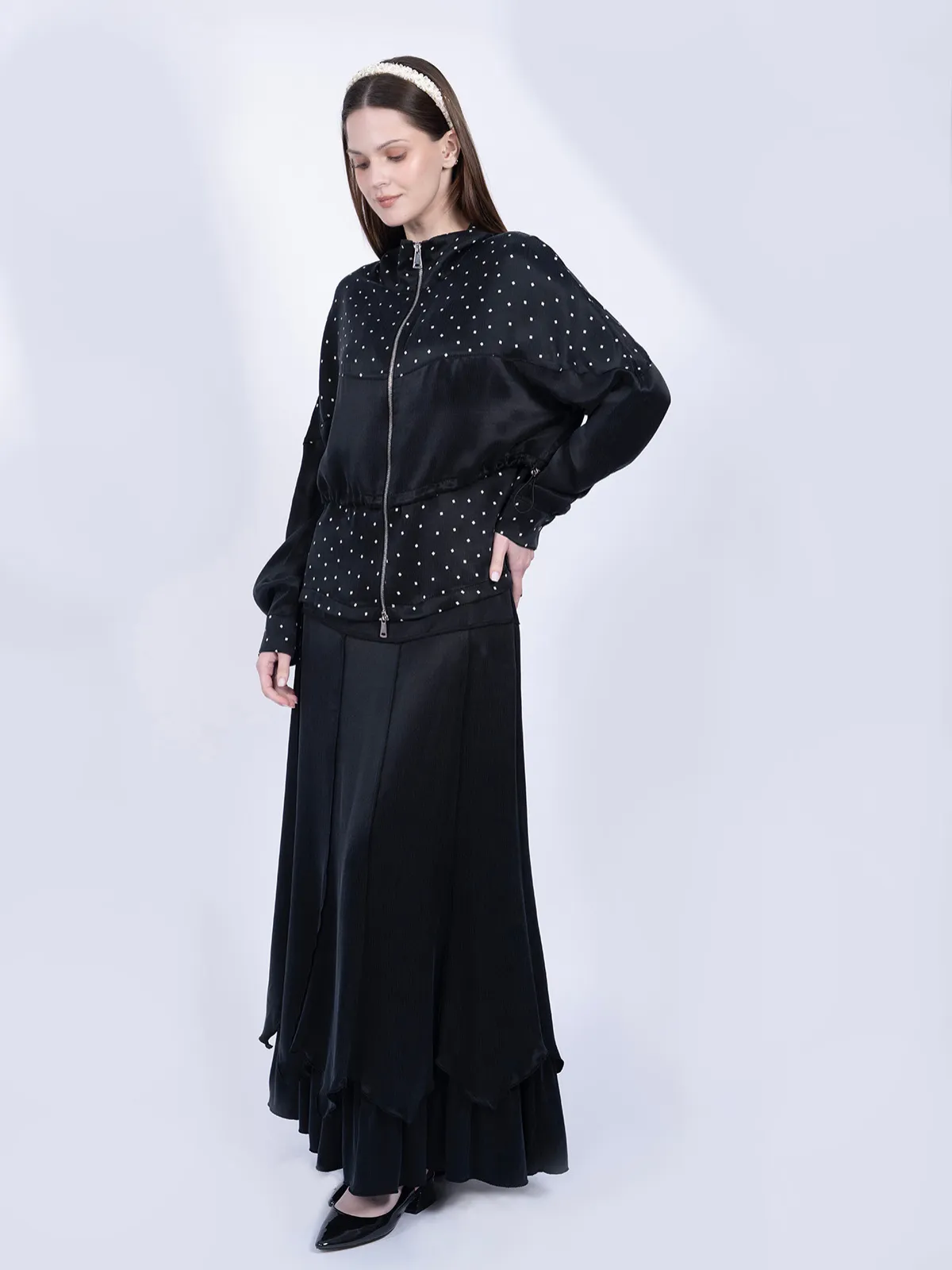 %100 İpek Cupro Puantiyeli Fermuarlı Ceket & Etek Takımı - Siyah - Görsel 2