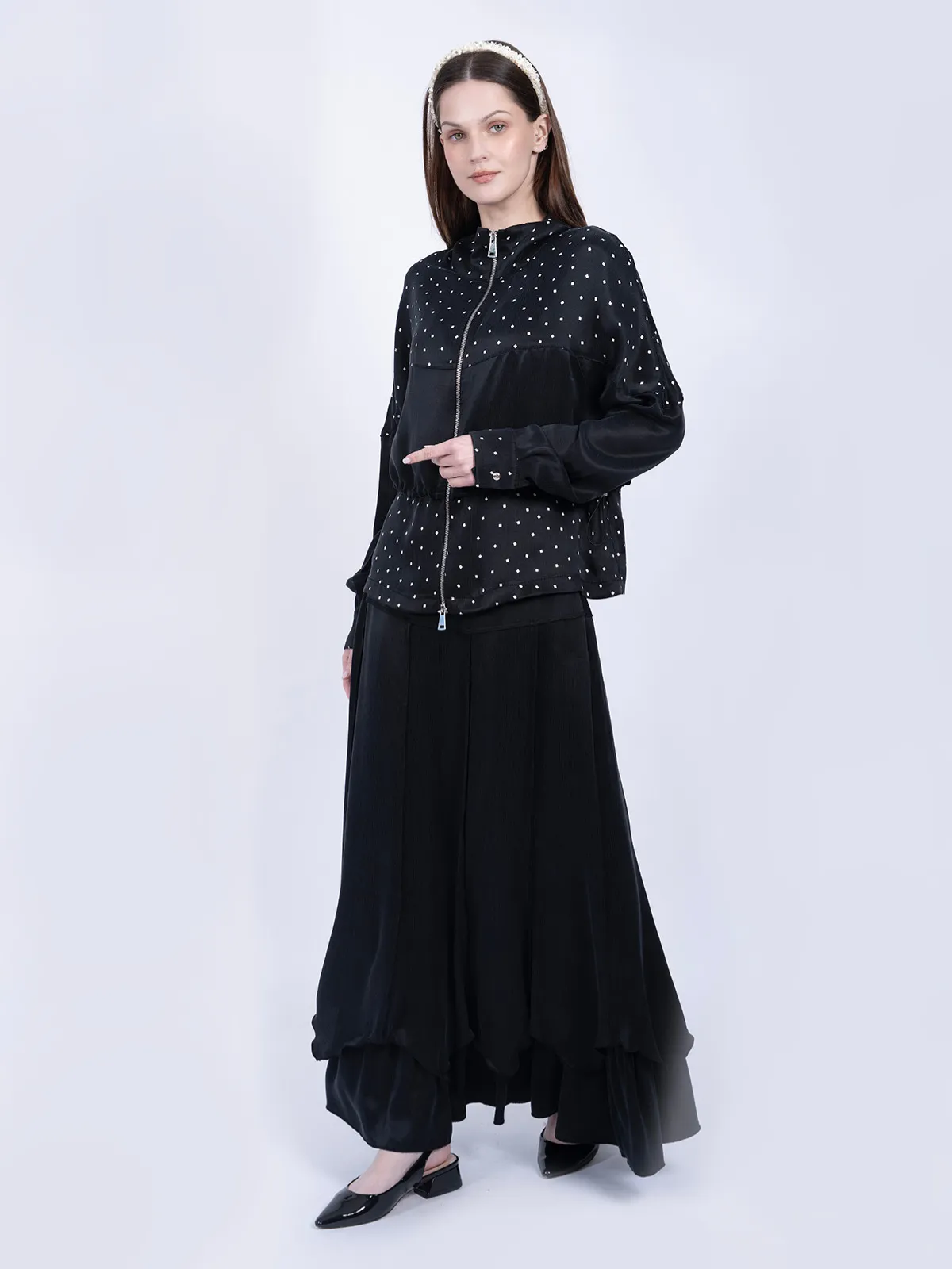 %100 İpek Cupro Puantiyeli Fermuarlı Ceket & Etek Takımı - Siyah - Görsel 3
