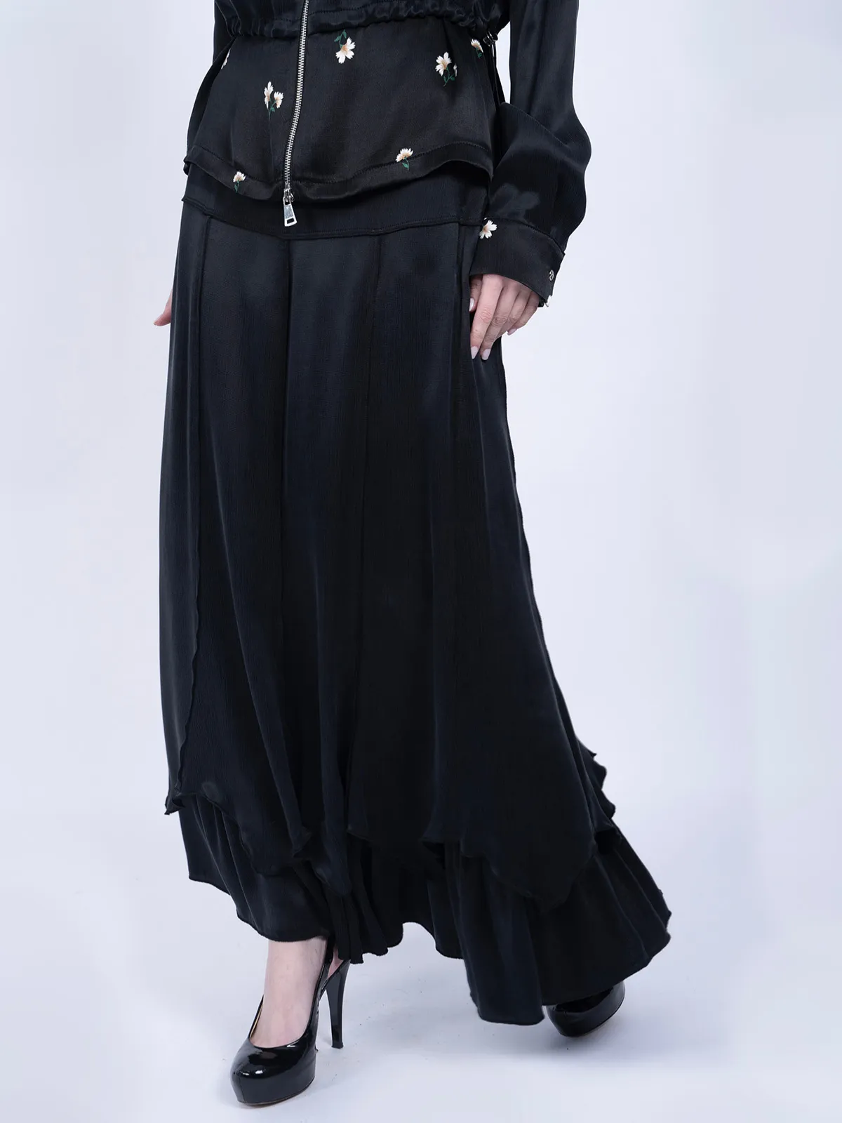 %100 İpek Cupro Çiçek Fermuarlı Ceket & Etek Takımı - Bordo - Görsel 4