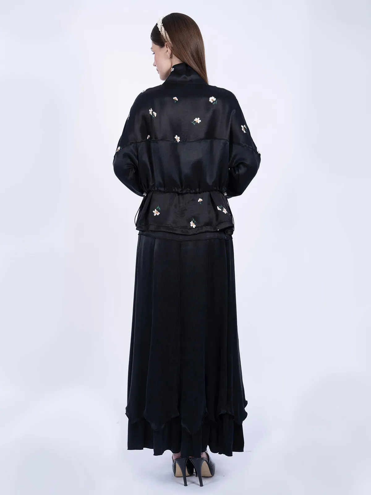 %100 İpek Cupro Çiçek Fermuarlı Ceket & Etek Takımı - Bordo - Görsel 5