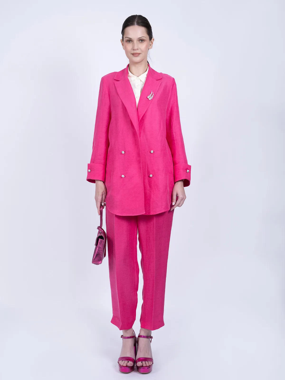 Pembe İpek Keten Spor Ceket Takımı