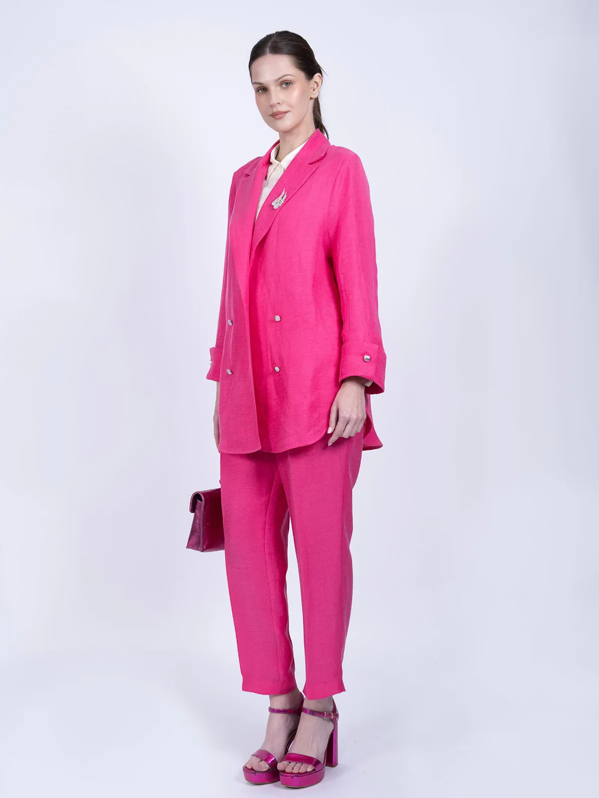 Pembe İpek Keten Spor Ceket Takımı - Görsel 3
