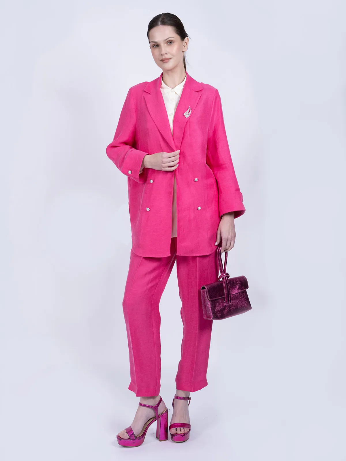 Pembe İpek Keten Spor Ceket Takımı - Görsel 4
