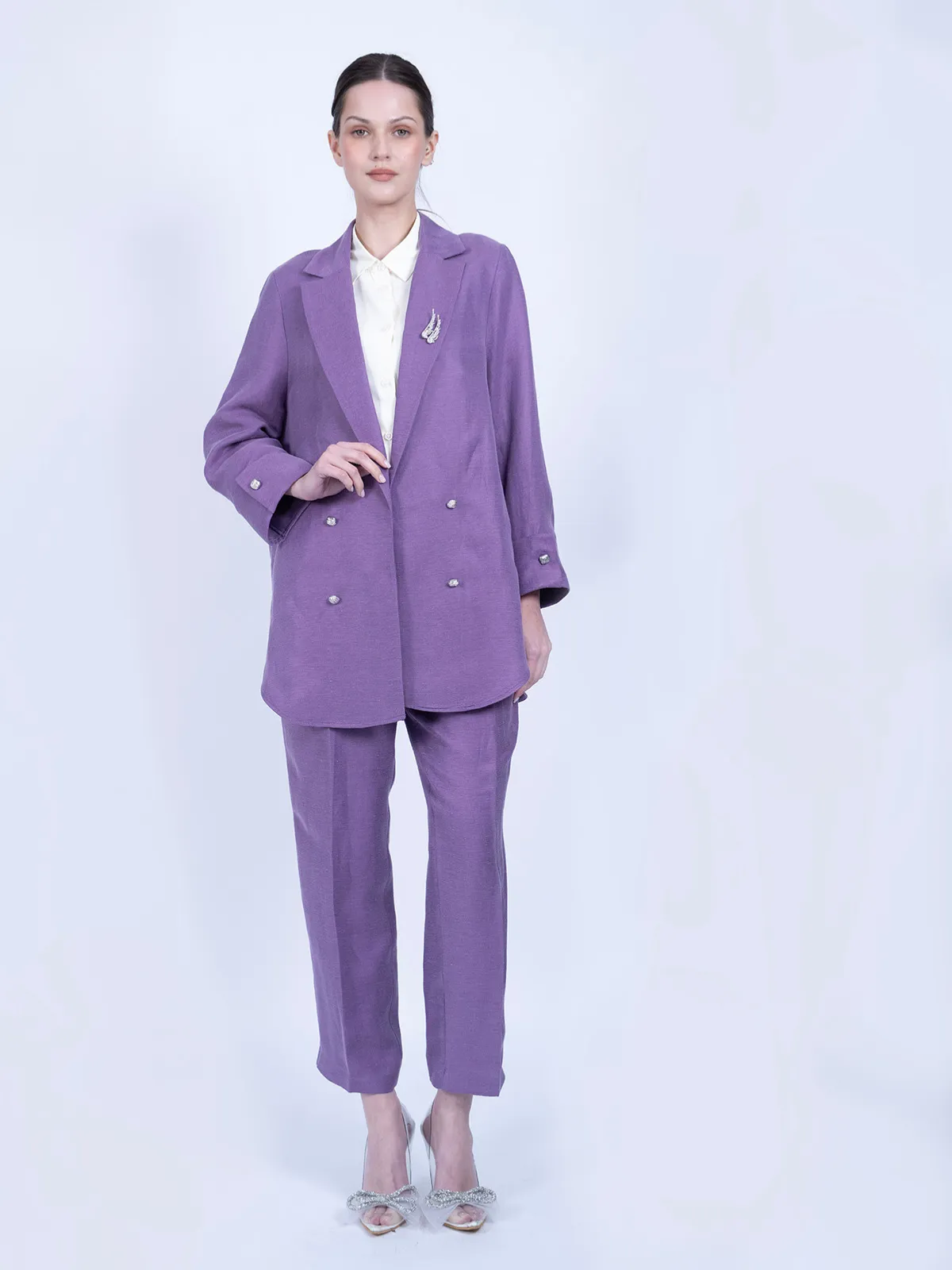 Mor İpek Keten Spor Ceket Takımı