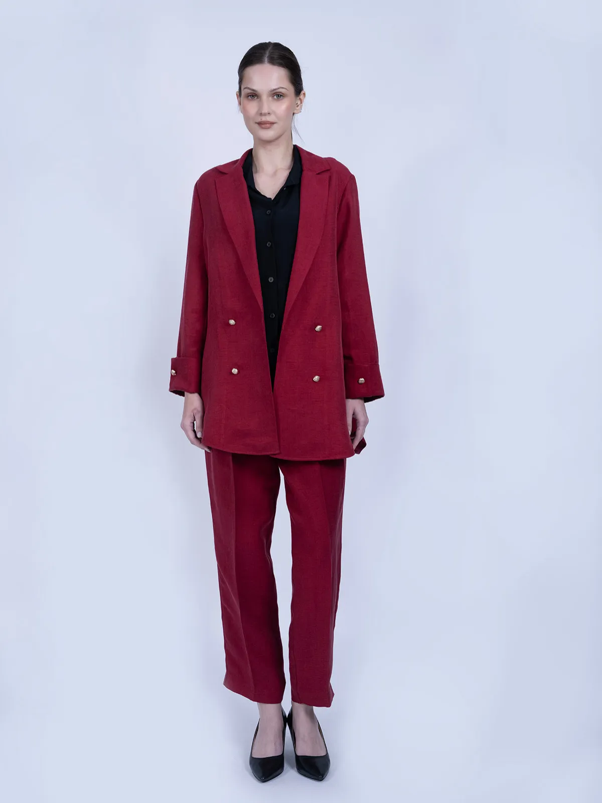 Kırmızı İpek Keten Spor Ceket Takımı