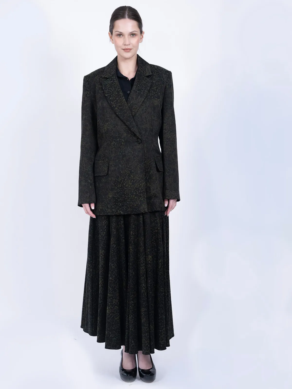 %100 İpek Cupro Desenli Blazer Ceket & Etek Takımı - Koyu Yeşil