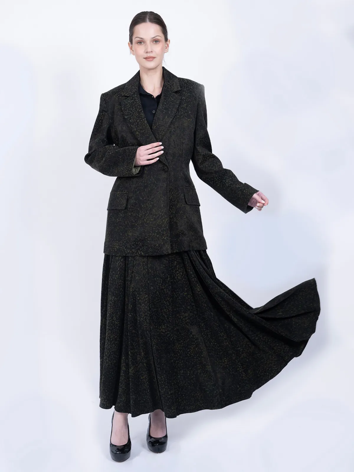 %100 İpek Cupro Desenli Blazer Ceket & Etek Takımı - Koyu Yeşil - Görsel 2