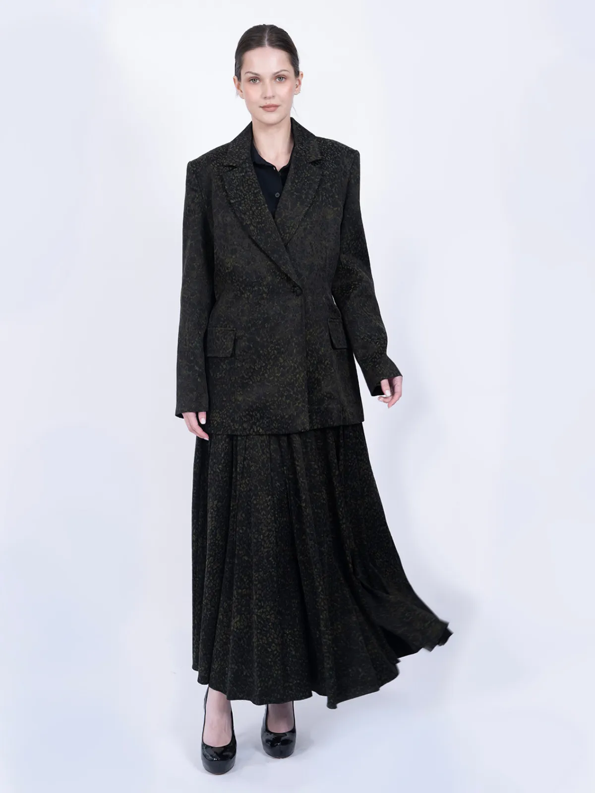 %100 İpek Cupro Desenli Blazer Ceket & Etek Takımı - Koyu Yeşil - Görsel 3