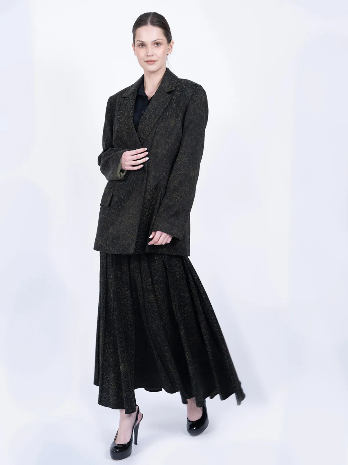 %100 İpek Cupro Desenli Blazer Ceket & Etek Takımı - Koyu Yeşil - Görsel 4