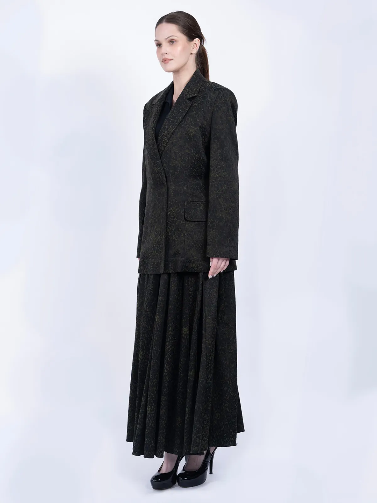 %100 İpek Cupro Desenli Blazer Ceket & Etek Takımı - Koyu Yeşil - Görsel 5