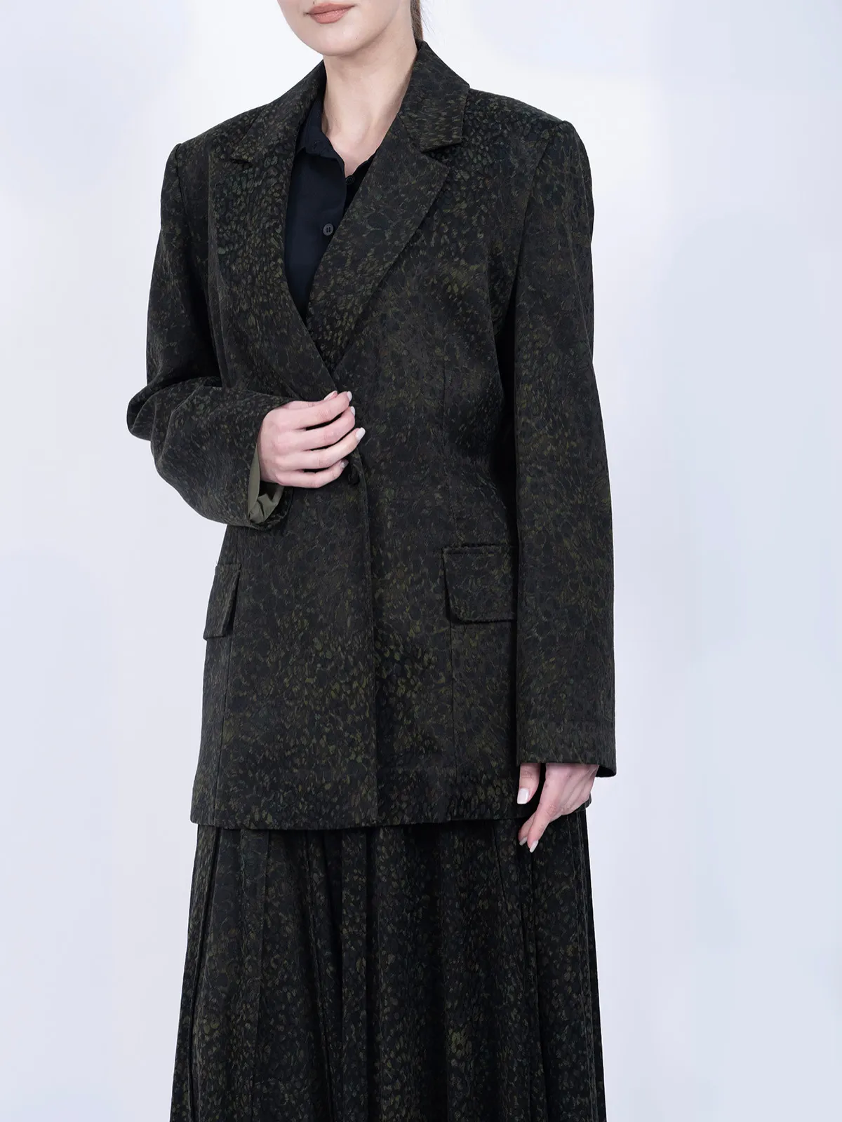 %100 İpek Cupro Desenli Blazer Ceket & Etek Takımı - Koyu Yeşil - Görsel 6