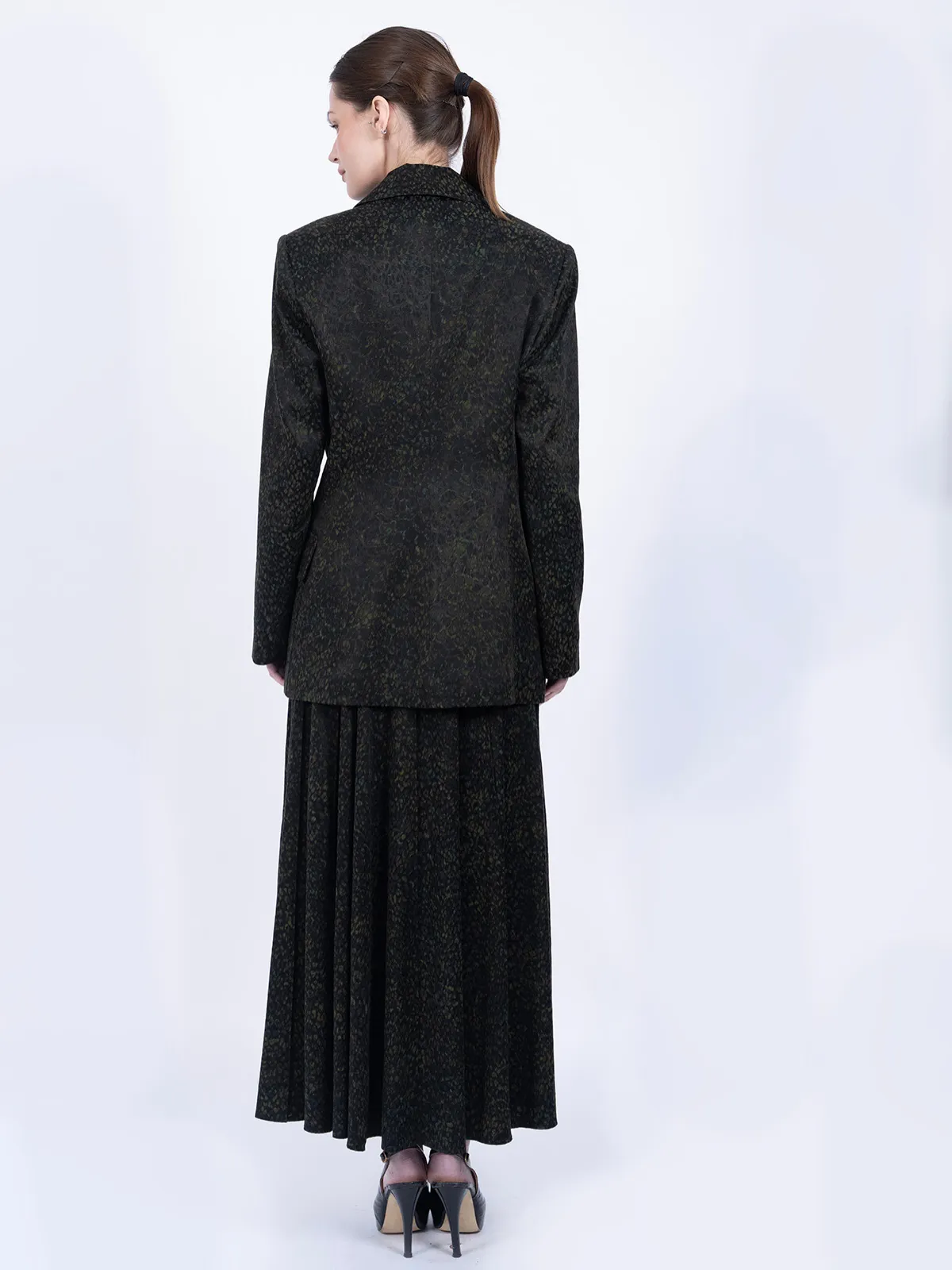 %100 İpek Cupro Desenli Blazer Ceket & Etek Takımı - Koyu Yeşil - Görsel 7