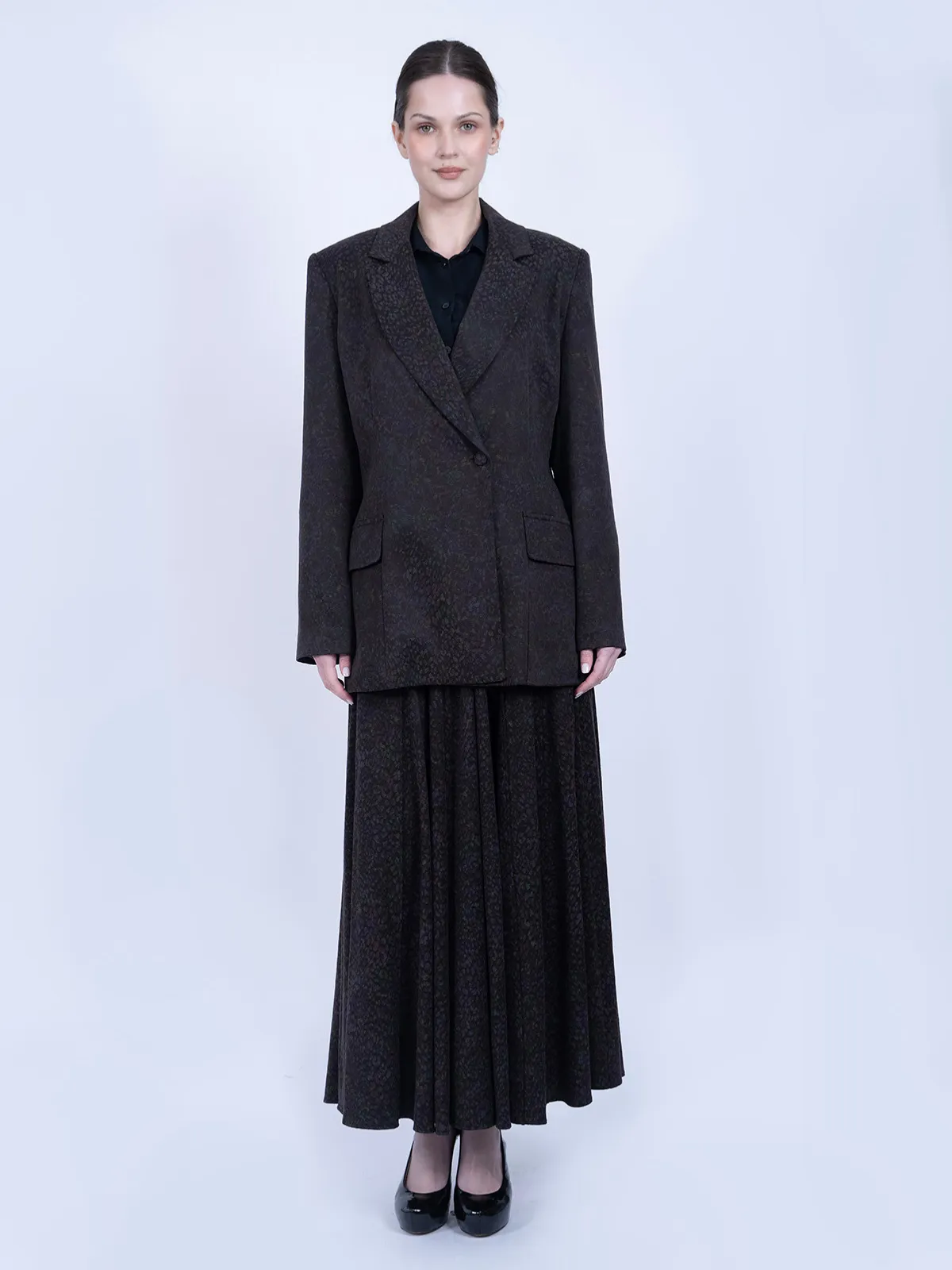 %100 İpek Cupro Desenli Blazer Ceket & Etek Takımı - Kahverengi