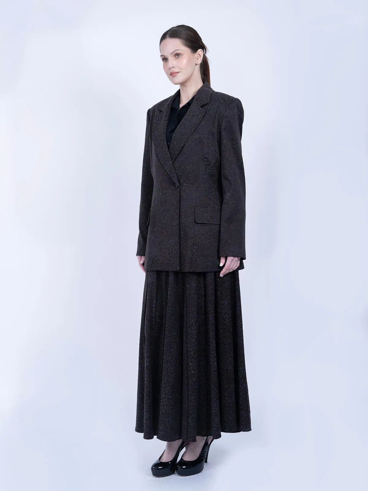 %100 İpek Cupro Desenli Blazer Ceket & Etek Takımı - Kahverengi - Görsel 3