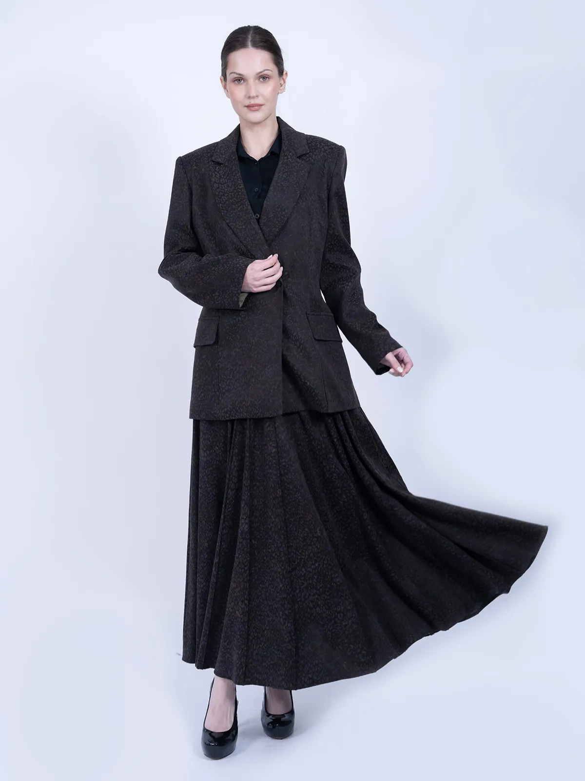 %100 İpek Cupro Desenli Blazer Ceket & Etek Takımı - Kahverengi - Görsel 4