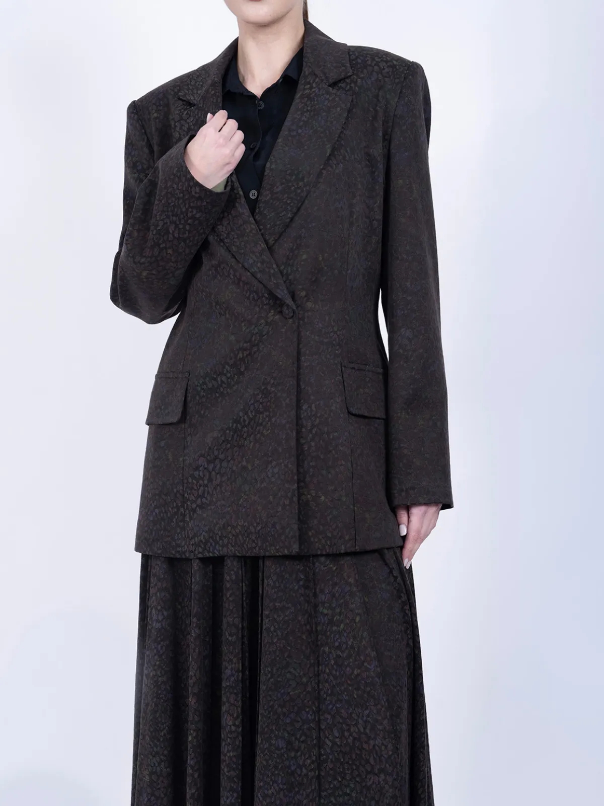 %100 İpek Cupro Desenli Blazer Ceket & Etek Takımı - Kahverengi - Görsel 5