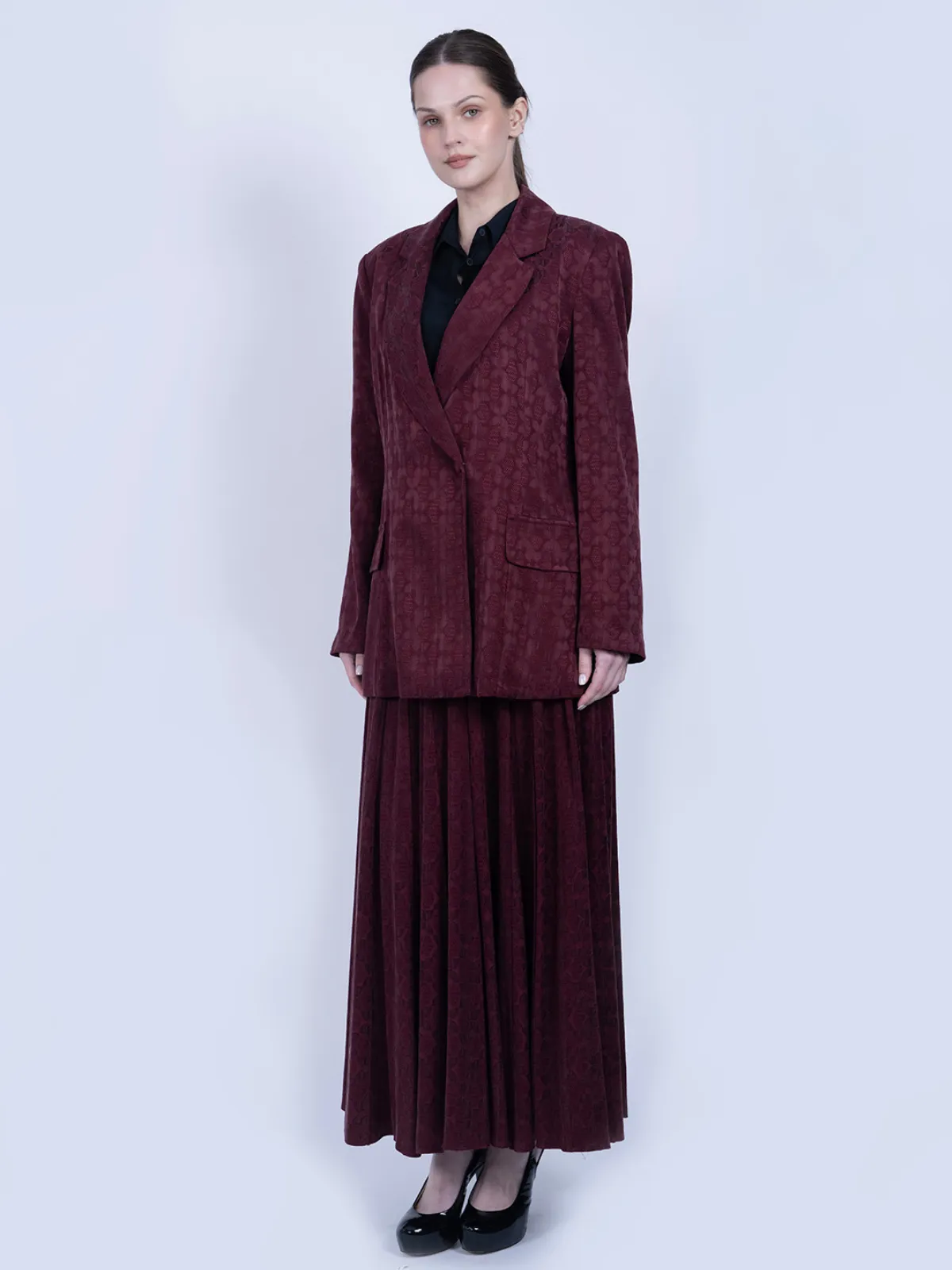 %100 İpek Cupro Jakar Desenli Blazer Ceket & Etek Takımı - Bordo