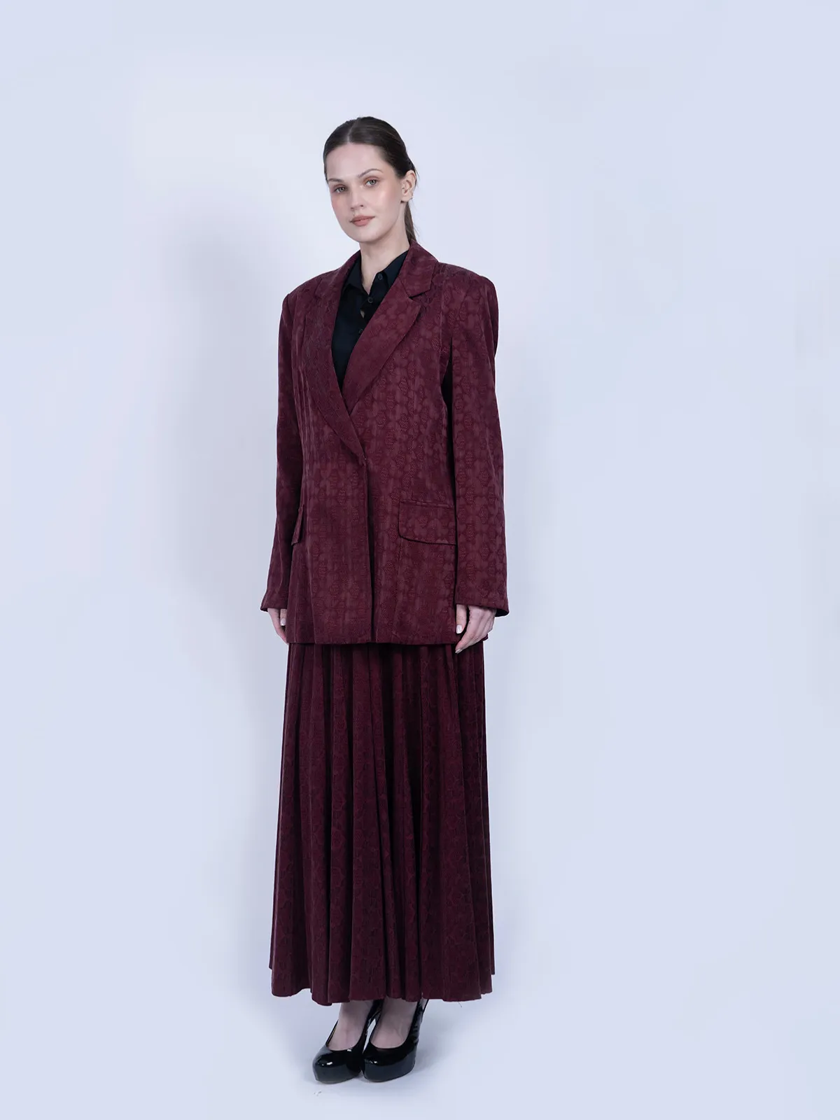 %100 İpek Cupro Jakar Desenli Blazer Ceket & Etek Takımı - Bordo - Görsel 3