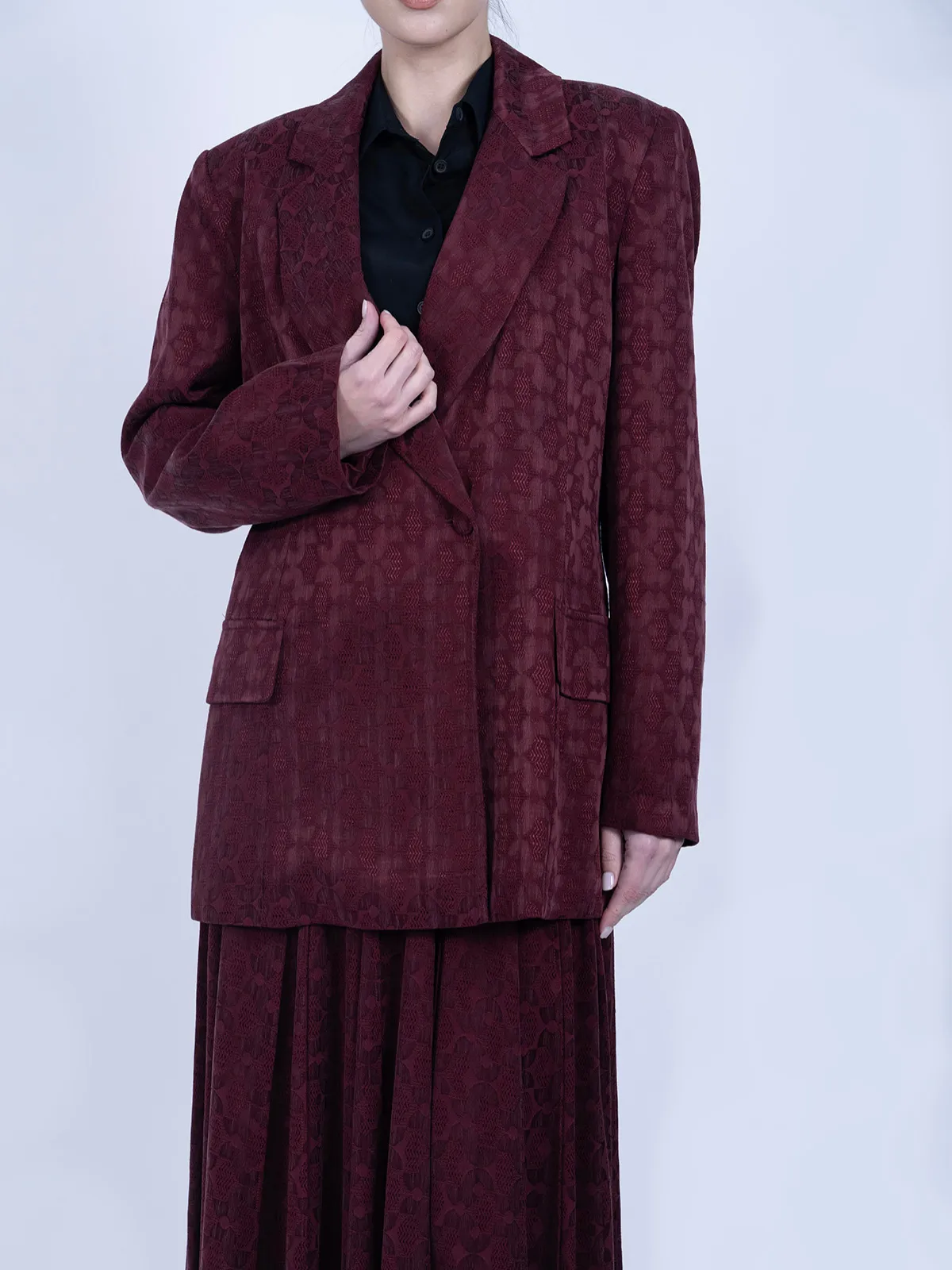 %100 İpek Cupro Jakar Desenli Blazer Ceket & Etek Takımı - Bordo - Görsel 4