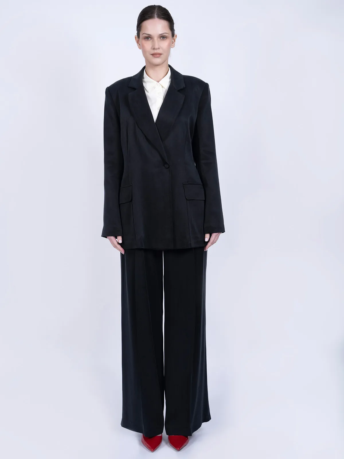 %100 İpek Cupro Düz Blazer Ceket & Pantalon Takımı - Siyah