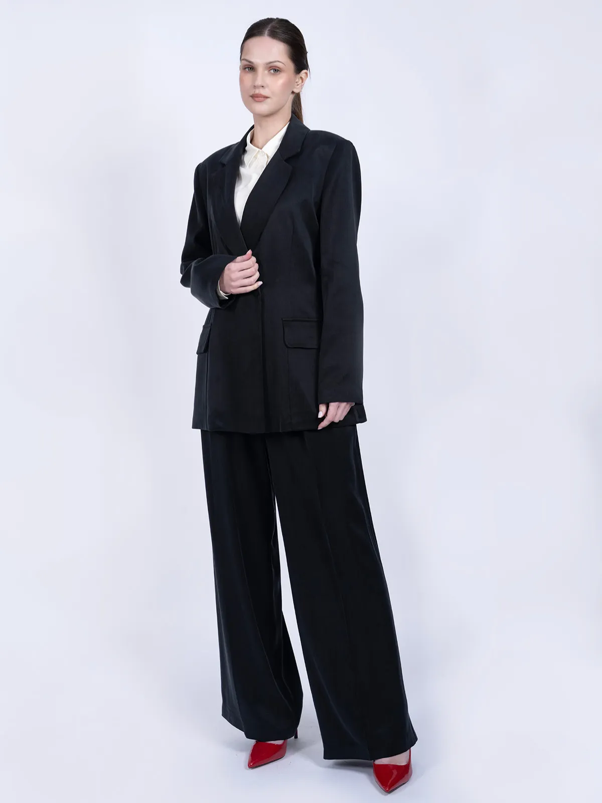 %100 İpek Cupro Düz Blazer Ceket & Pantalon Takımı - Siyah - Görsel 2